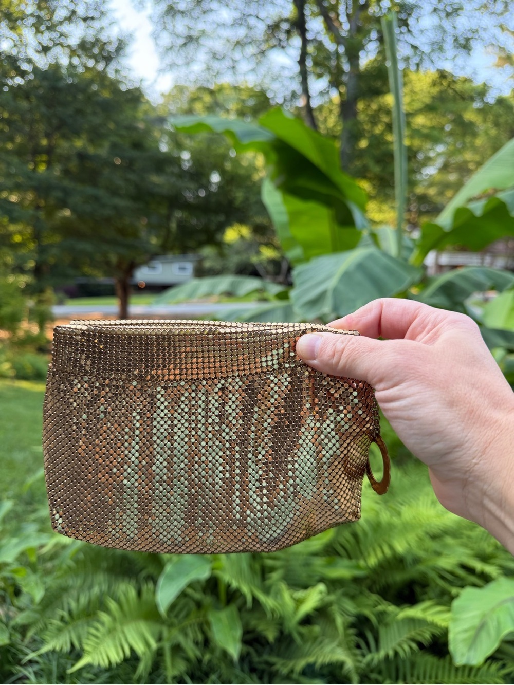 Vintage Mid-Century Whiting & Davis Gold Metal Mesh Zippered Pouch